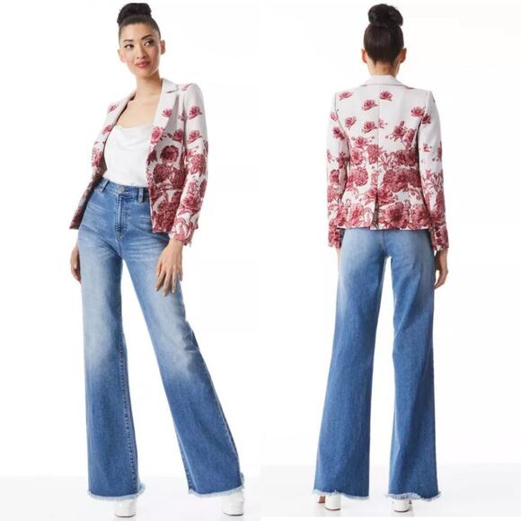 Alice + Olivia Mya Notch Collar Fitted Blazer Off White Multi Red Floral Size 2 - Picture 1 of 16